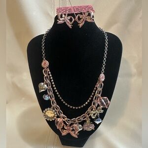 Betsey Johnson pink jeweled bow necklace and earring set